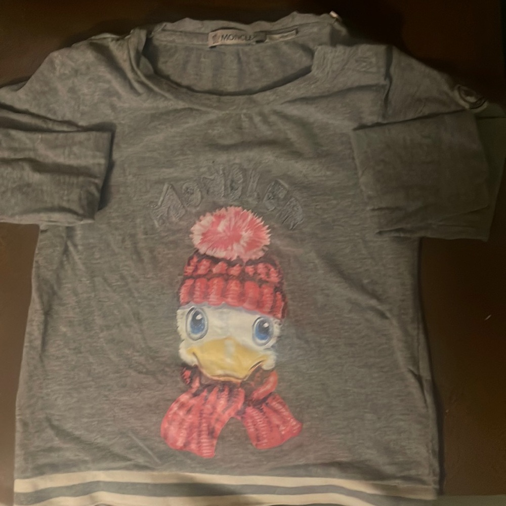 Moncler long sleeve shirt. Duck print. Moncler logo. Patch on sleeve. Sz 2